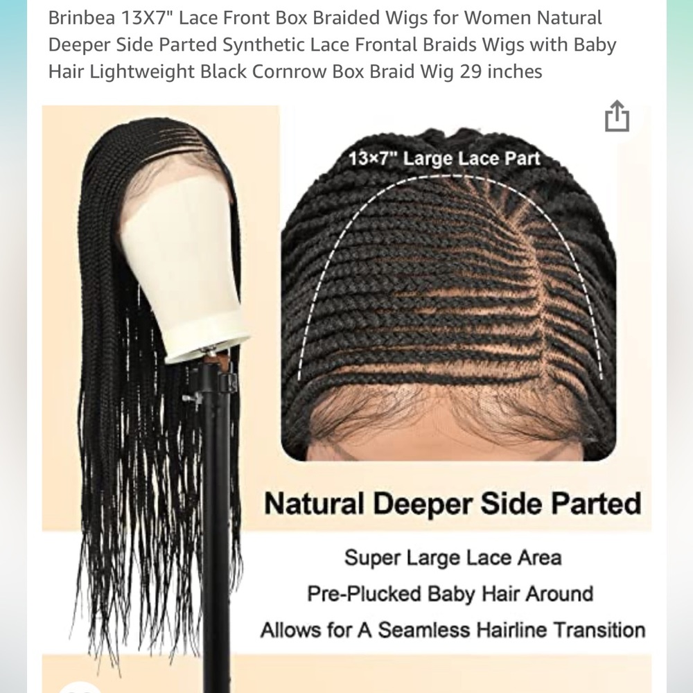 Cornrow braided natural black wig  29inches.